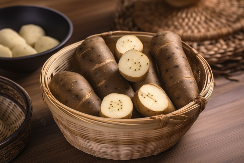 桌子上的医药食材和竹篮里的山药食材,高清,摄影图,摄影图片,图片大全,摄影图免费下载